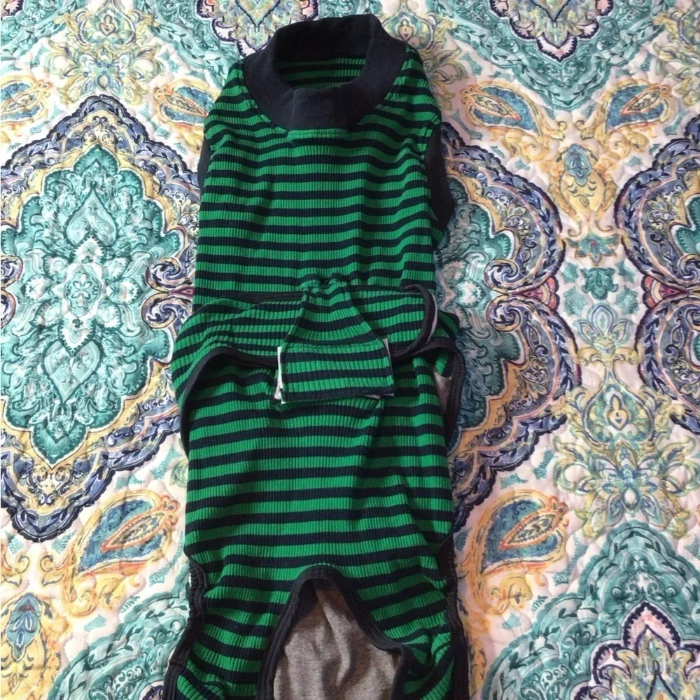 Striped Green and Black Dog recovery suit (0015)